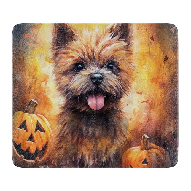 Tabla De Cortar Terrier de Cairn de Halloween con calabazas aterra (Anverso)