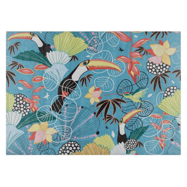 Tabla De Cortar Textura tropical con tocanes y colibríes (Anverso)