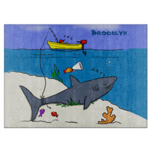 Tabla De Cortar Tiburón divertido durmiendo y caricatura de pesca