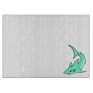 Tabla De Cortar tiburón sonriente de dibujos animados azul verde m