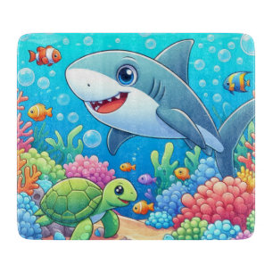 Tabla De Cortar Tiburón y tortuga submarinos coloridos tropicales/