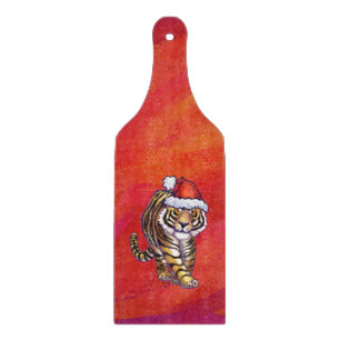 Tabla De Cortar Tigre de Navidad sobre Rojo