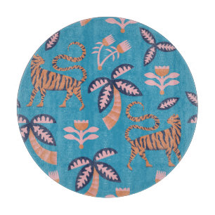 Tabla De Cortar Tigre retro, palmera, patrón de flor