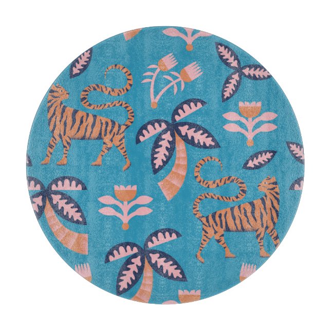 Tabla De Cortar Tigre retro, palmera, patrón de flor (Anverso)