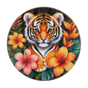 Tabla De Cortar Tigre rodeado de flores tropicales
