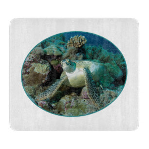 Tabla De Cortar Tortuga marina verde en corales - Diseño fotográfi