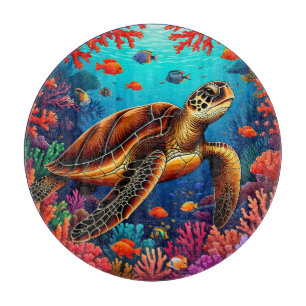 Tabla De Cortar Tortuga marina y arrecife de coral vibrante