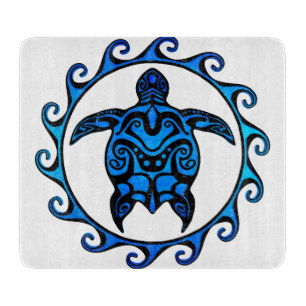 Tabla De Cortar Tortuga tribal azul Sun