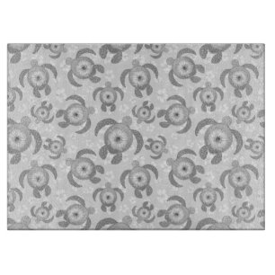 Tabla De Cortar Tortugas negras y blancas de Honu Flores de Hibisc