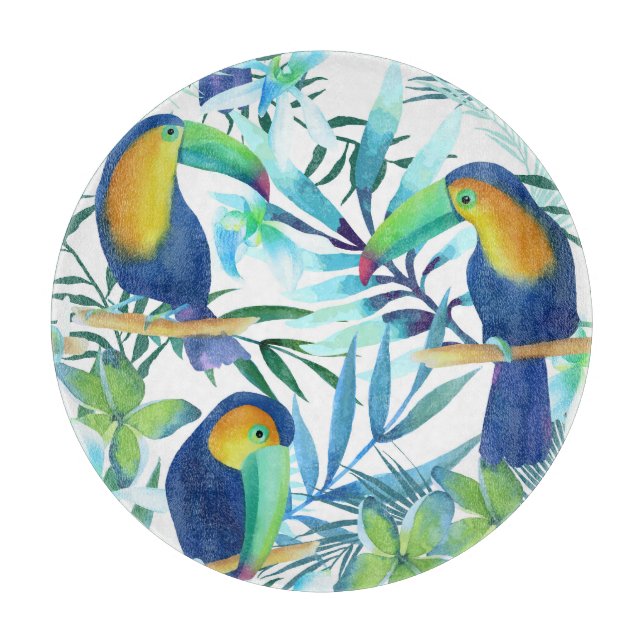 Tabla De Cortar Toucanes Tropicales: Patrón de Flores Exóticas. (Anverso)