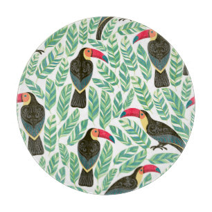 Tabla De Cortar Toucans, hojas tropicales, patrón decorativo.
