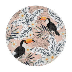 Tabla De Cortar Toucans, Palmas, Plumeria: Tropical Rosa.