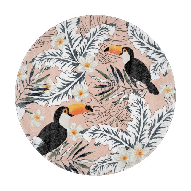 Tabla De Cortar Toucans, Palmas, Plumeria: Tropical Rosa. (Anverso)