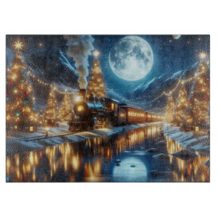 Tabla De Cortar Tren de Navidad en invierno iluminado por la luna