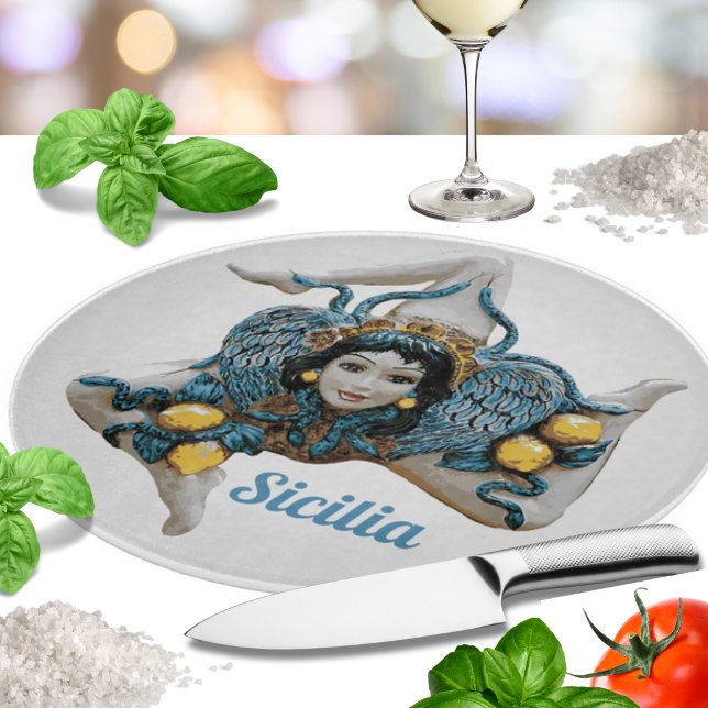 Tabla De Cortar Trinacria siciliana Medusa -Símbolo de Sicilia (Triancria Medusa Symbol of Sicily - Sicilian Kitchen Glass Cutting Board)
