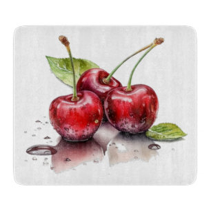 Tabla De Cortar Trío de Cerezas Frescas en Acuarela