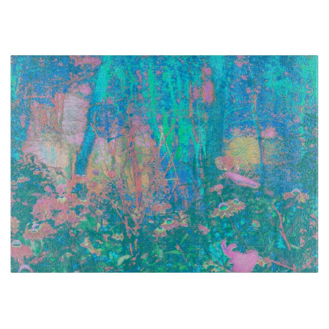 Tabla De Cortar Trippy Aqua Sunrise con flores psicodélicas (Anverso)