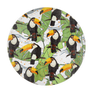 Tabla De Cortar Tropical Toucan, palmas verdes, patrón vintage.