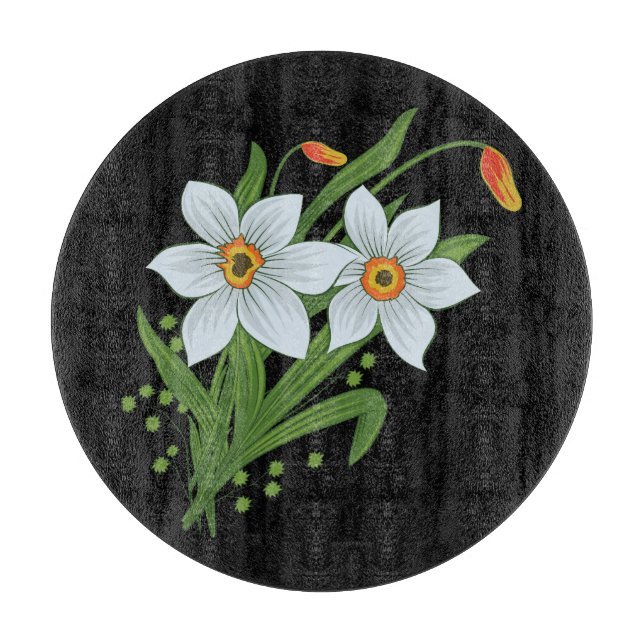 Tabla De Cortar Tulipanes y Narcisos Flores Fondo Negro (Anverso)