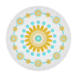 Tabla De Cortar Turquesa Amarilla Y Flores Geométricas Blancas