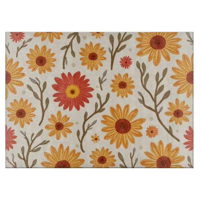 Tabla De Cortar Un plato que empieza con flores brillantes (Anverso)