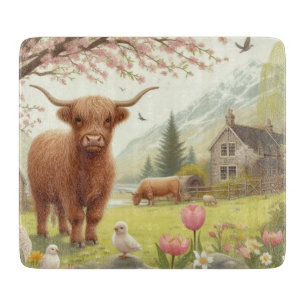 Tabla De Cortar Vaca de tierras altas, con flores y primavera