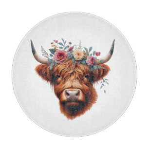 Tabla De Cortar Vaca de tierras altas, con flores y primavera