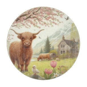 Tabla De Cortar Vaca de tierras altas, con flores y primavera