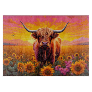 Tabla De Cortar Vaca Highland en girasoles al amanecer