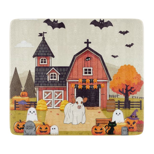 Tabla De Cortar Vaca linda de Halloween y granja (Anverso)