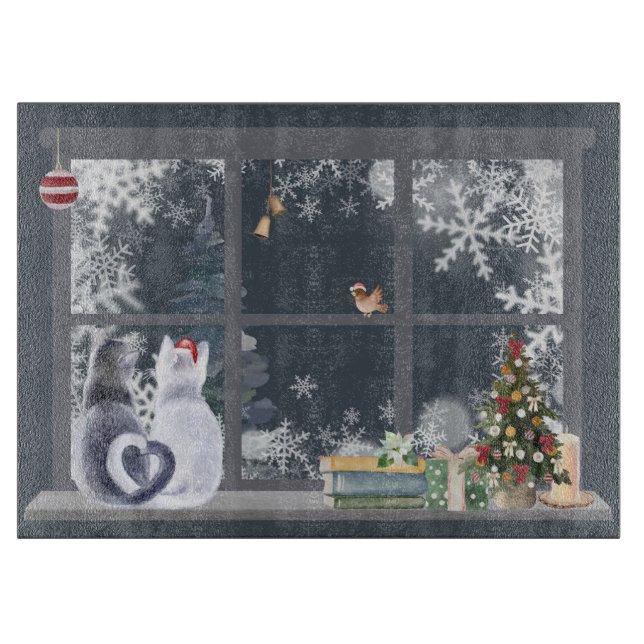 Tabla De Cortar Ventana Gatos en Navidades (Anverso)