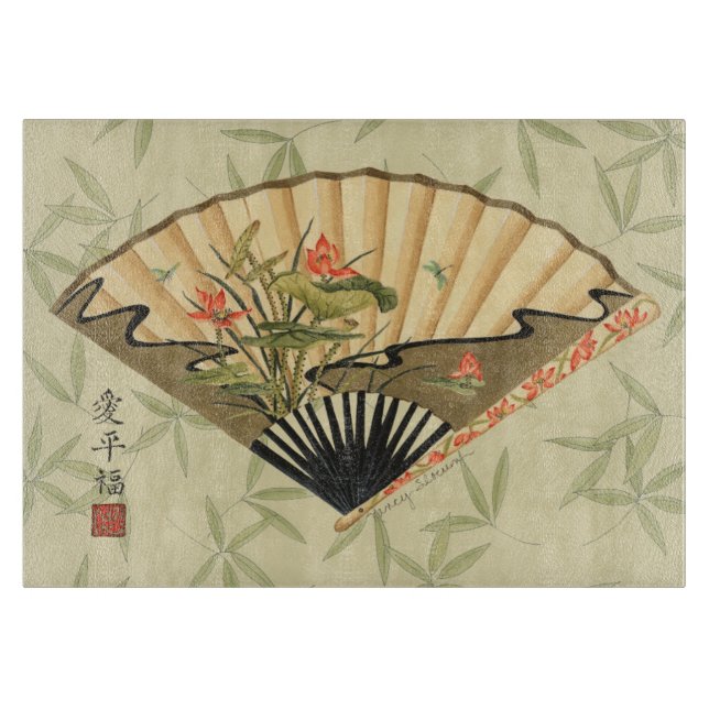 Tabla De Cortar Ventilador de Geisha con hojas e impresión floral (Anverso)