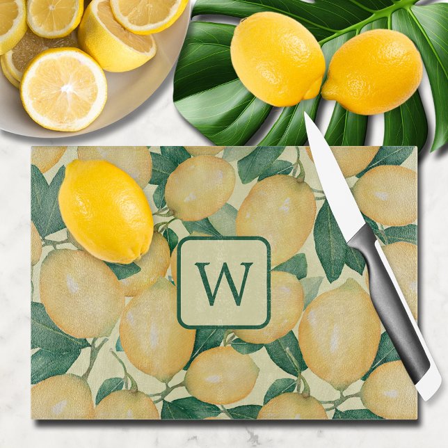 Tabla De Cortar Verdor de cítricos limón Monogramado (Lemon Citrus Greenery Monogrammed Glass Cutting Board)
