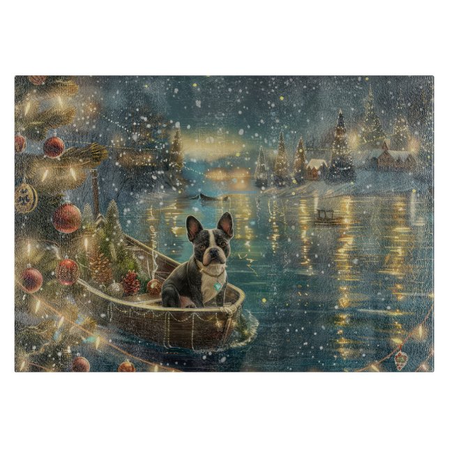 Tabla De Cortar Viaje festivo de los Navidades de Boston Terrier (Anverso)