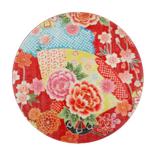 Tabla De Cortar Vidrio amarillo rojo floral japonés tradicional