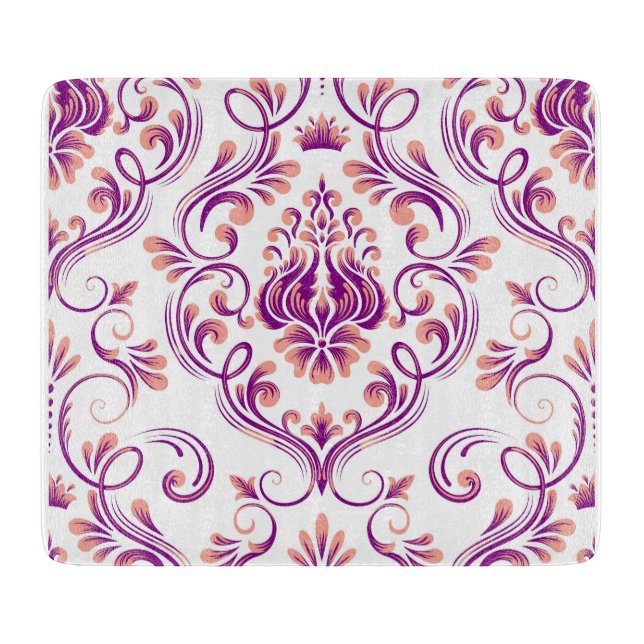 Tabla De Cortar Vidrio elegante floral Peach and Purple Damask (Anverso)