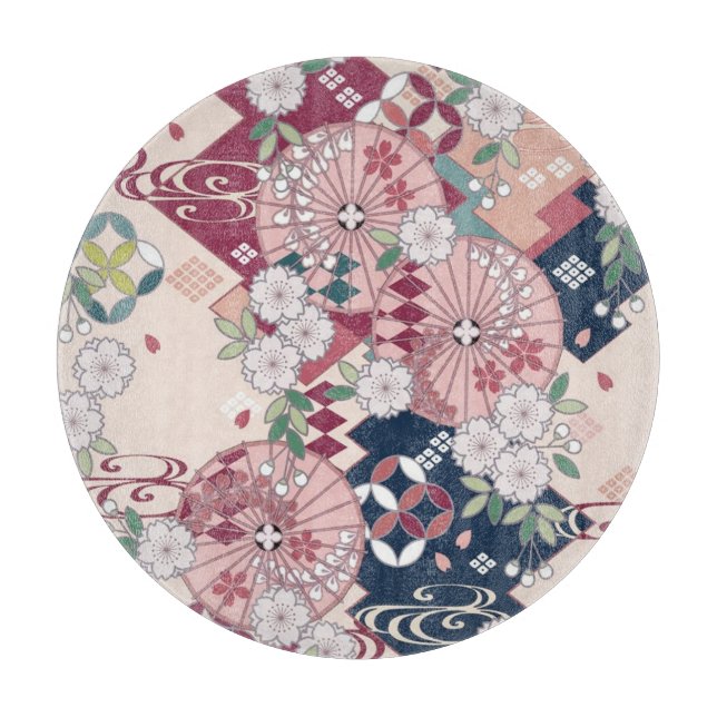 Tabla De Cortar Vidrio rosa Sakura floral japonés tradicional (Anverso)