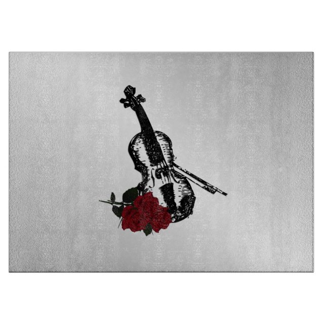 Tabla De Cortar Violín y Rosas Plata (Anverso)