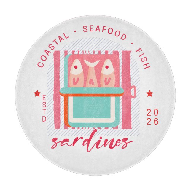 Tabla De Cortar Whimsical Sardines Coastal Beach Pink (Anverso)
