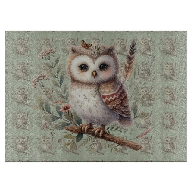 Tabla De Cortar Whimsical Woodland Owl Botanical Illustration (Anverso)