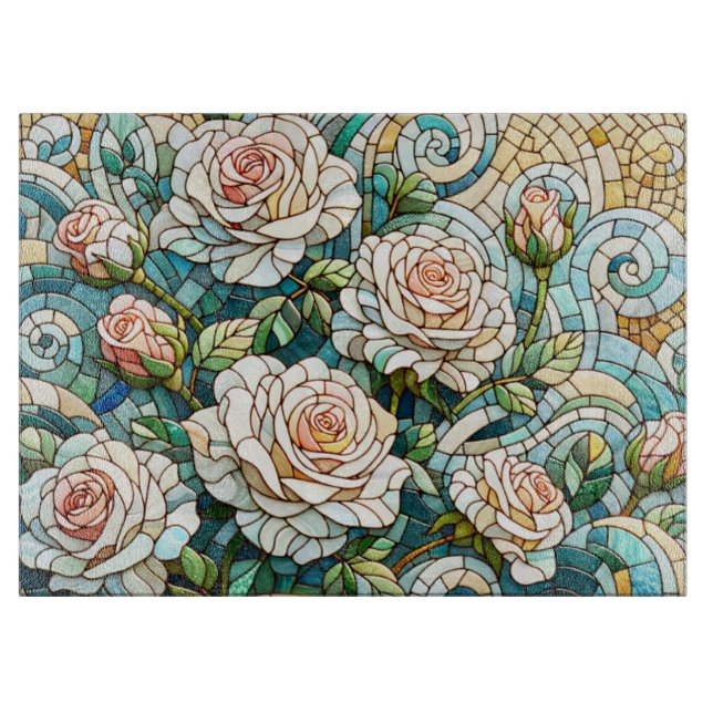 Tabla De Cortar White Roses Stained Glass Mosaic (Anverso)