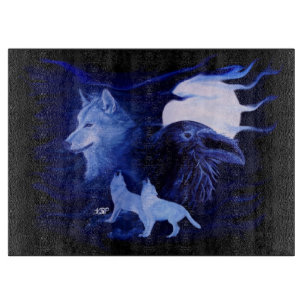 Tabla De Cortar Wolf y Raven con luna llena