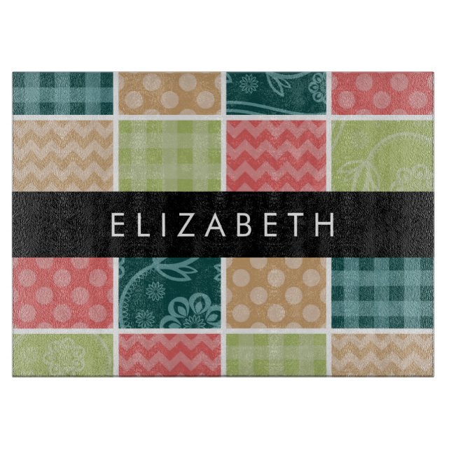 Tabla De Cortar Zigzag, Chevron, Gingham, Puntos Polka, Tu Nombre (Anverso)