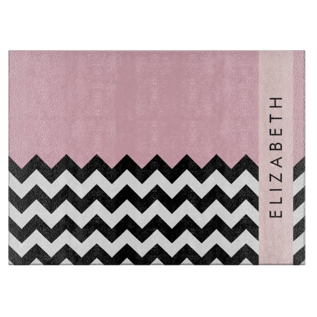 Tabla De Cortar Zigzag negro y blanco, chevron, rosado, tu nombre (Anverso)