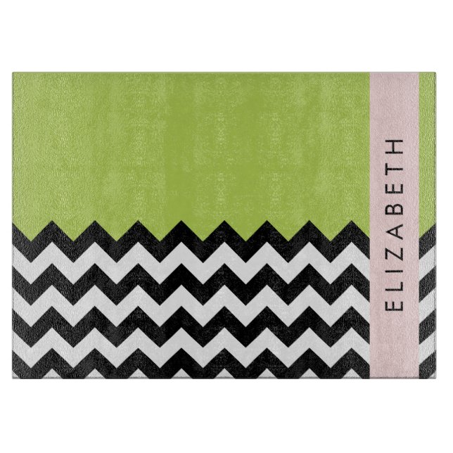 Tabla De Cortar Zigzag negro y blanco, chevron, verde, tu nombre (Anverso)