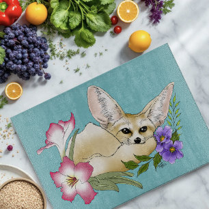 Tabla De Cortar Zorro Fennec Flores Rosadas Purpura Lindas Botánic
