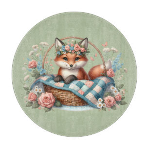 Tabla De Cortar Zorro Floral en Cesta con Colcha y Flores