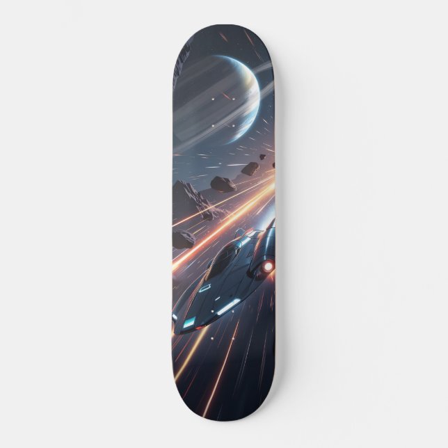 Tabla de Skate Aeronave con Meteoritos y Planeta (Anverso)