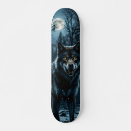 Tabla de Skate Lobo en Bosque Nocturno con Luna