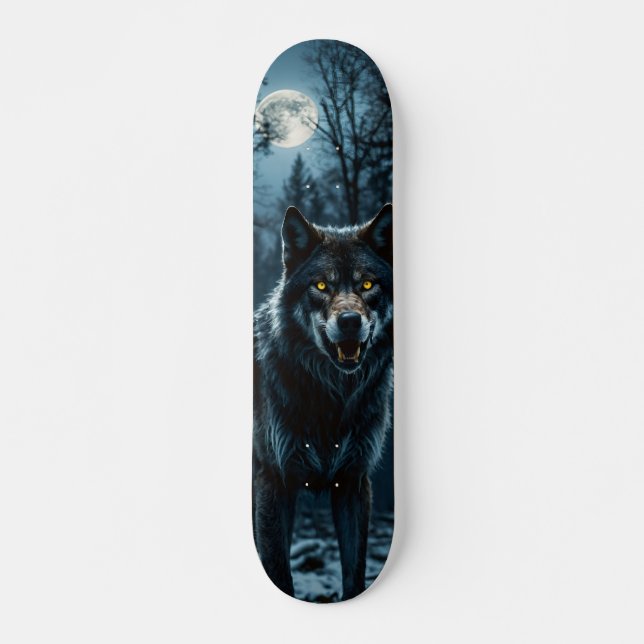 Tabla de Skate Lobo en Bosque Nocturno con Luna (Anverso )